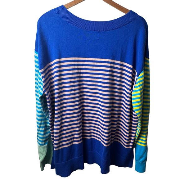 Lands' End XL Color Block Striped Cotton Sweater Blue Multicolor - Picture 2 of 4
